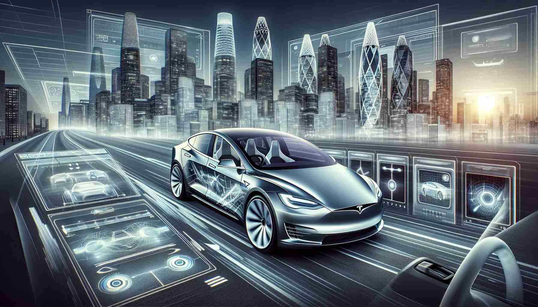 Generate a realistic high definition image that represents the continual revolution of Tesla's technology. Picture an innovative electric vehicle, perhaps focusing on its hi-tech dashboard aesthetic, interfacing screens, smooth car fixture or automated navigations systems. This could include a futuristic cityscape in the background to emphasize change and progression.