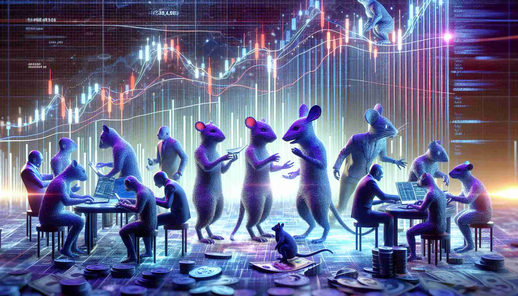 Generate a high-definition, hyperrealistic image representing the concept of 'Mystery Critters: Tech Titans Partner Up'. The scene should showcase abstracted anthropomorphic creatures that symbolize various tech titans partnering up, their identities kept a mystery. The backdrop consists of a fluctuating market graph, reflecting riveting market reactions. The critters might be engaged in a discussion or working together on a futuristic tech device, signifying their partnership. The atmosphere should evoke intrigue and dynamics of the tech industry.