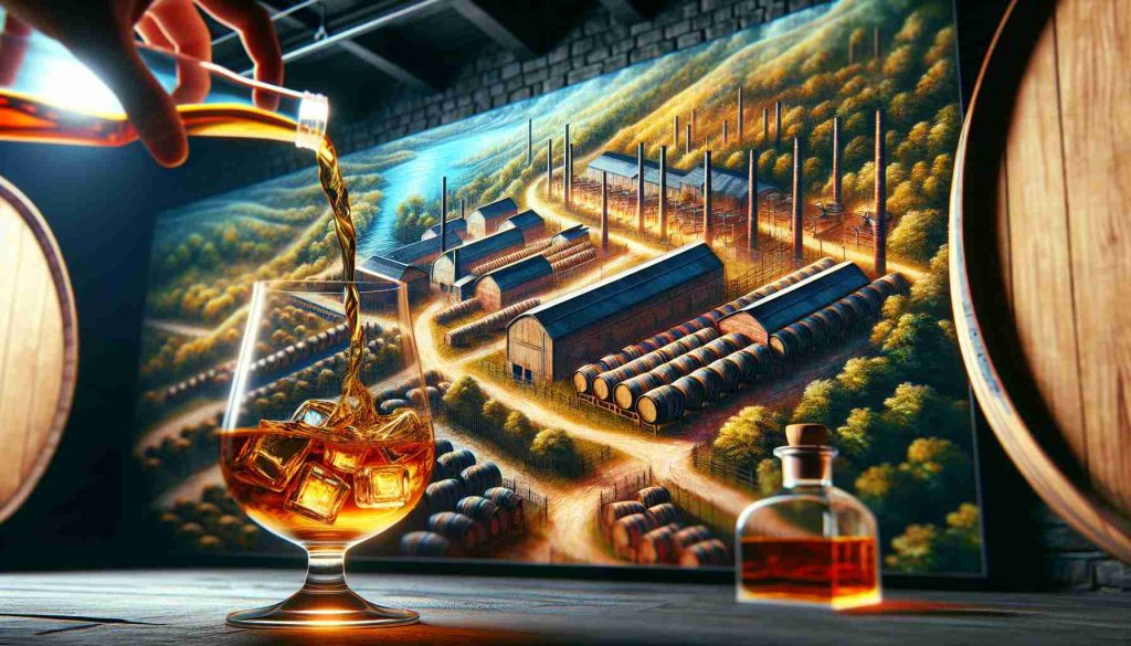 A high-definition, realistic depiction of an unknown secret related to the bourbon boom in Kentucky, highlighted by an unexpected twist. This could include detailed representation of lush bourbon distilleries, rows of oak barrels aging in cellars, and golden liquid being poured into a crystal glass. The 'unexpected twist' could be portrayed as a visual surprise within this setting, perhaps an unconventional ingredient or an unusual processing method.