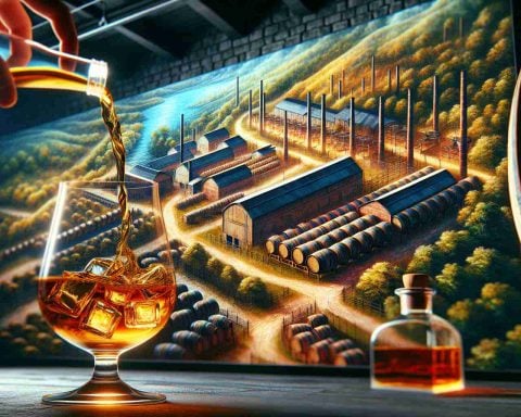 A high-definition, realistic depiction of an unknown secret related to the bourbon boom in Kentucky, highlighted by an unexpected twist. This could include detailed representation of lush bourbon distilleries, rows of oak barrels aging in cellars, and golden liquid being poured into a crystal glass. The 'unexpected twist' could be portrayed as a visual surprise within this setting, perhaps an unconventional ingredient or an unusual processing method.