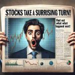 A high-definition, realistic image depicting a newspaper front page with a headline that reads 'Stocks Take a Surprising Turn!' The article below the headline contains shocked faces of anonymous stock market traders. Charts and graphs indicating unexpected stock market trends are shown. Empty space is left at the bottom of the page with the text reading 'Find Out What Happened Next.'