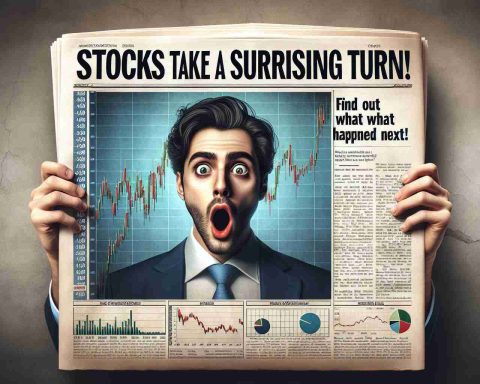 A high-definition, realistic image depicting a newspaper front page with a headline that reads 'Stocks Take a Surprising Turn!' The article below the headline contains shocked faces of anonymous stock market traders. Charts and graphs indicating unexpected stock market trends are shown. Empty space is left at the bottom of the page with the text reading 'Find Out What Happened Next.'