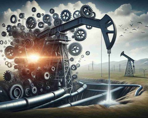 Realistic high definition image displaying the metaphorical concept of a large oil company making an unexpected and daring decision. This could be represented by a mammoth-sized oil derrick against a vast landscape, with a dramatic twist like gears in unexpected places or a pipeline taking a surprising turn. The overall image should evoke a sense of shock and defy usual business strategies.