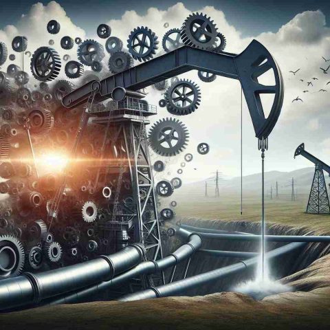 Realistic high definition image displaying the metaphorical concept of a large oil company making an unexpected and daring decision. This could be represented by a mammoth-sized oil derrick against a vast landscape, with a dramatic twist like gears in unexpected places or a pipeline taking a surprising turn. The overall image should evoke a sense of shock and defy usual business strategies.