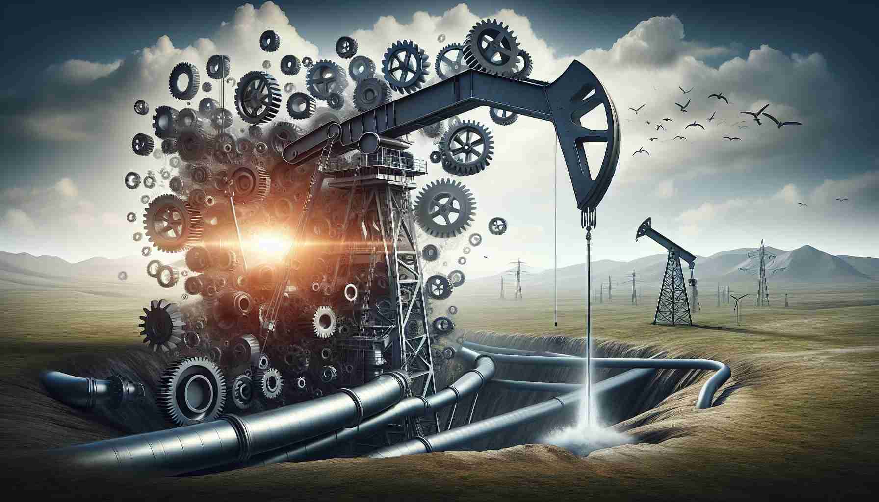 Realistic high definition image displaying the metaphorical concept of a large oil company making an unexpected and daring decision. This could be represented by a mammoth-sized oil derrick against a vast landscape, with a dramatic twist like gears in unexpected places or a pipeline taking a surprising turn. The overall image should evoke a sense of shock and defy usual business strategies.