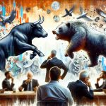 Generate a high-definition, realistic illustration of an abstract concept - a stock market turmoil. Symbolized by battling animals, bulls and bears, representing varying market conditions. Add a sense of anticipation and suspense, hinting at uncertain outcomes. Perhaps include an imagery of financial gurus or experts, deep in thought, discussing market predictions. Make sure not to depict any real individuals. Note that 'Bulls or Bears' is referring to market trends, not actual animals.