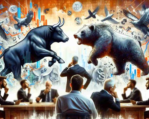 Generate a high-definition, realistic illustration of an abstract concept - a stock market turmoil. Symbolized by battling animals, bulls and bears, representing varying market conditions. Add a sense of anticipation and suspense, hinting at uncertain outcomes. Perhaps include an imagery of financial gurus or experts, deep in thought, discussing market predictions. Make sure not to depict any real individuals. Note that 'Bulls or Bears' is referring to market trends, not actual animals.