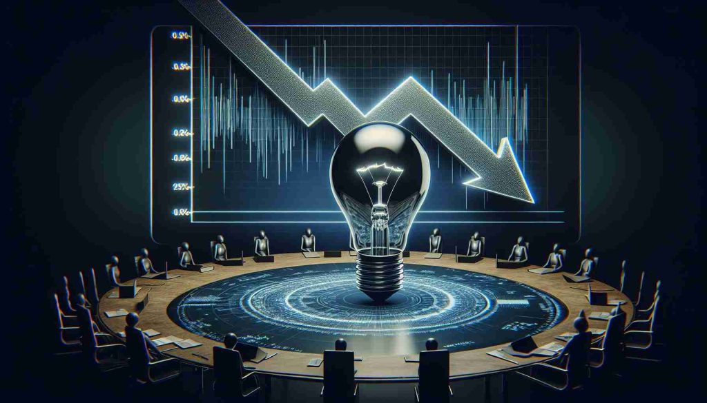 A high-definition image showcasing the visual metaphor of the plummeting stock prices of a major electric vehicle company. This is represented by a stylized graph arrow pointing downwards, indicative of declining share values. Pair this with the depiction of a lightning bulb, representing innovation, sitting on a round table, symbolizing a business meeting or a debate among investors. Note that the brand or company is indistinguishable and not explicitly mentioned.