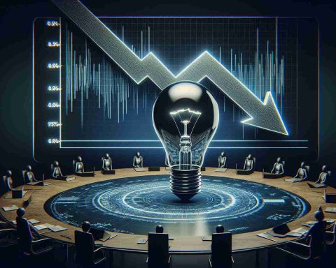 A high-definition image showcasing the visual metaphor of the plummeting stock prices of a major electric vehicle company. This is represented by a stylized graph arrow pointing downwards, indicative of declining share values. Pair this with the depiction of a lightning bulb, representing innovation, sitting on a round table, symbolizing a business meeting or a debate among investors. Note that the brand or company is indistinguishable and not explicitly mentioned.