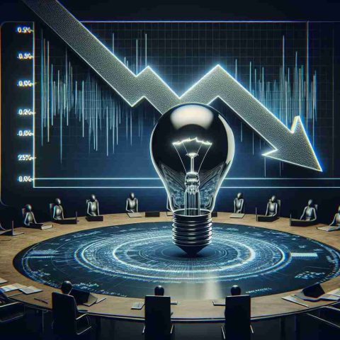 A high-definition image showcasing the visual metaphor of the plummeting stock prices of a major electric vehicle company. This is represented by a stylized graph arrow pointing downwards, indicative of declining share values. Pair this with the depiction of a lightning bulb, representing innovation, sitting on a round table, symbolizing a business meeting or a debate among investors. Note that the brand or company is indistinguishable and not explicitly mentioned.