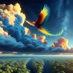 A realistic, high-definition depiction of the concept 'Unprecedented Heights: Amazon Soars Like Never Before'. This could be represented by a metaphorical scene of a large vibrant bird, akin to a mythical phoenix rising dramatically into a dusky sky, as symbolism for the 'Amazon's unprecedented rise'. The bird is soaring over a dense, detailed rendition of an Amazonian jungle, where the vast forest canopy stretches out beneath. Up above, the endless expanses of brilliant blue sky with layers of fluffy, cotton-like clouds signify limitless possibilities.