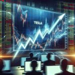 A realistic, high-definition image showing a dramatic concept to represent the unexpected fluctuations in the stock market. Foreground features a graphic of a sharply zigzagging line on a stock chart, symbolizing the 'shocks' and unexpected twists. The background displays the name 'Tesla' prominently on a digital stock ticker screen, surrounded by other blurred stock names, creating a sense of focus amidst chaos. Additional elements may include expressions of surprised investors on the sidelines, their faces illuminated by the glow of computer screens.