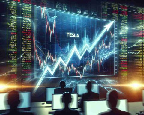 A realistic, high-definition image showing a dramatic concept to represent the unexpected fluctuations in the stock market. Foreground features a graphic of a sharply zigzagging line on a stock chart, symbolizing the 'shocks' and unexpected twists. The background displays the name 'Tesla' prominently on a digital stock ticker screen, surrounded by other blurred stock names, creating a sense of focus amidst chaos. Additional elements may include expressions of surprised investors on the sidelines, their faces illuminated by the glow of computer screens.