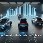 Realistic high definition image representing the concept of fallback in revenue for an electric vehicle company. This may show declining graph lines, electric cars with fewer customers, or perhaps an empty showroom. The explanatory text 'What's Really Behind Their Setback?' should be placed prominently in the image.