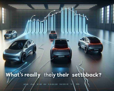 Realistic high definition image representing the concept of fallback in revenue for an electric vehicle company. This may show declining graph lines, electric cars with fewer customers, or perhaps an empty showroom. The explanatory text 'What's Really Behind Their Setback?' should be placed prominently in the image.