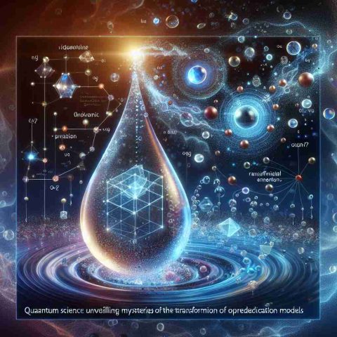 Generate a high-definition, realistic image that abstractly embodies the concept of quantum science unveiling mysteries, specifically representing the transformation of water prediction models. Display microscopic particles in constant motion, conveying the unpredictability and randomness attributed to quantum theories. In the foreground, illustrate a water droplet transforming into diverse geometric shapes, symbolizing the new predictive models. Use ethereal, multifaceted light to represent quantum entanglement, adding depth and showcasing quantum science's interconnectivity and complexity.