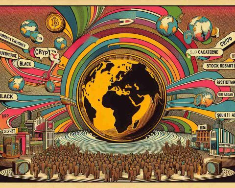 Detailed illustration late into the 80's era style of the global impact of cryptocurrency. Depict a ripple effect starting with a giant symbolic coin reimagined as an HD, vintage globe. The coin should be labeled 'Crypto'. With each ripple, showcase the influence on various global economies: the currency exchanges turning digital, stock markets reacting, and people of different descents (Black, Caucasian, Hispanic, Middle-Eastern, and South Asian) using digital platforms for transactions. Include exciting color contrasts to convey the dramatic changes brought by this surge.