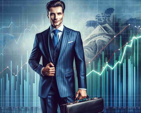 Create a realistic HD image of a confident person, assumed to be an insider, male with a Caucasian descent, wearing a tailored suit and holding a briefcase. His charismatic expression suggests he possesses secret knowledge or information. In the background, there's a stock market chart with upward growth, symbolizing his recent big investments.