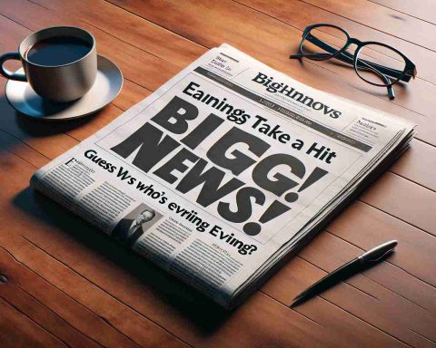 A high-definition, realistic image showing a newspaper headline that reads 'Big News! Earnings Take a Hit. Guess Who's Breaking Even?' The newspaper is opened, sitting on a wooden desk with a cup of coffee and glasses to the side. The elements are arranged in such a way that the headline stands out clearly.