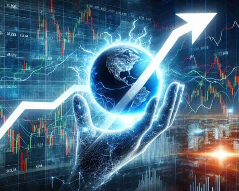 Visual representation of an a realistic HD image showing graph lines of stocks shooting upwards, depicting a skyrocketing scenario in a stock market. The energy sector is emphasized with the symbol of a giant but unknown energy company highlighted.