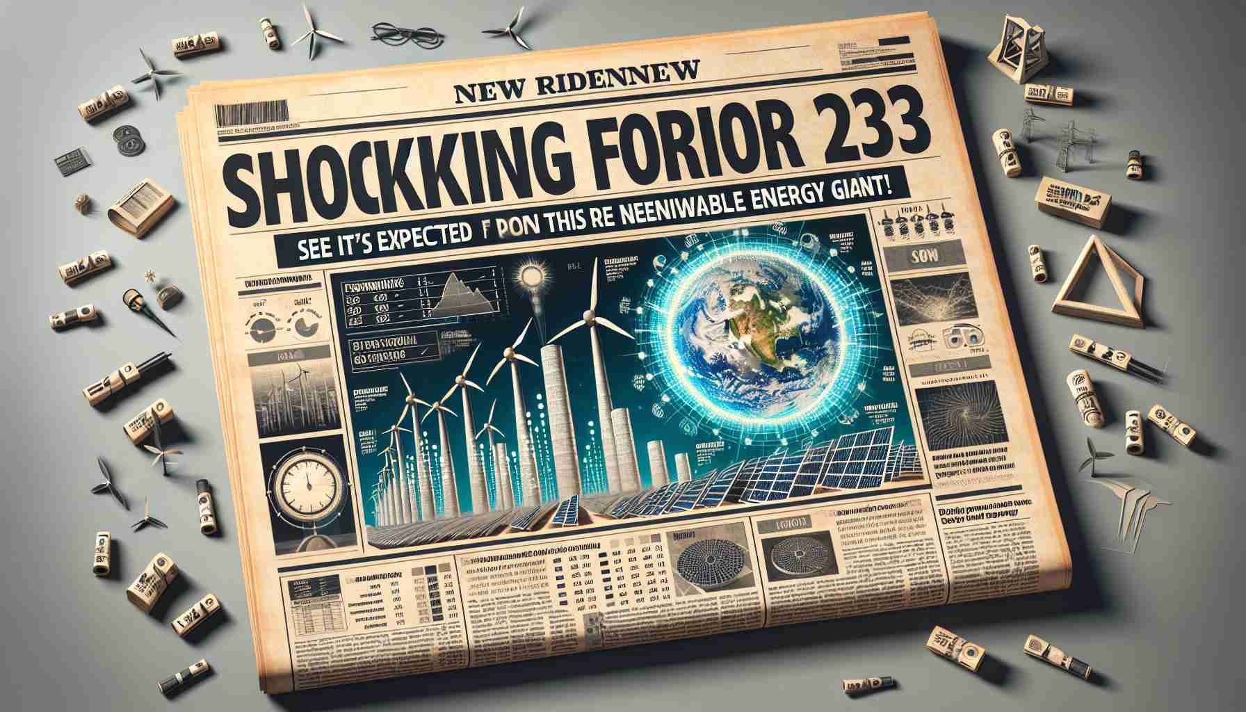 Produce a realistic high definition image depicting a newspaper headline that reads, 'Shocking Forecasts for 2024! See What's Expected From This Renewable Energy Giant'. The image should include a chart showing the performance predictions of a fictitious, large-scale renewable energy company. The chart is marked with imaginary figures and statistics to emphasize the company's projected growth. Surrounding the headline are inserts with images of wind turbines, solar panels, and other renewable energy sources, indicating the company's diverse operations. In the background, there should be faint images of globe to symbolize the company's worldwide reach.