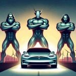 Illustration of a concept representing a new market revolution. We see three stylized giants, each embodying the strength and potential of their respective companies, poised to challenge a centrally positioned car that represents Tesla. The giants stand tall with an assertive, determined look, symbolizing their readiness to compete. The car stands sleek and futuristic on a raised platform, implying its current dominance. Sky in the background transitions from sunrise to midday, indicating the emergence of a new era.