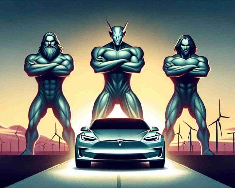 Illustration of a concept representing a new market revolution. We see three stylized giants, each embodying the strength and potential of their respective companies, poised to challenge a centrally positioned car that represents Tesla. The giants stand tall with an assertive, determined look, symbolizing their readiness to compete. The car stands sleek and futuristic on a raised platform, implying its current dominance. Sky in the background transitions from sunrise to midday, indicating the emergence of a new era.