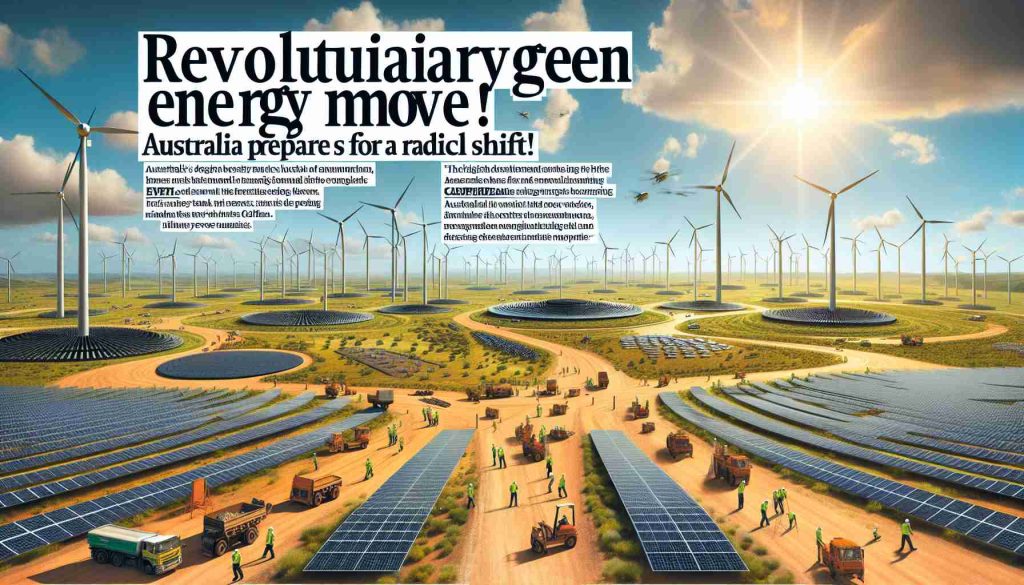 A high-definition, realistic image representing Australia's radical shift towards green energy. Depict vast landscapes of sunny plains dotted with sleek, futuristic wind turbines and solar panels gleaming under the bright sunlight. Include scenes of construction workers of various descents, such as Middle Eastern and Caucasian, working diligently on the ground, installing new infrastructure. A headline in bold, eye-catching text spread across the lower part of the image states 'Revolutionary Green Energy Move! Australia Prepares for a Radical Shift.'