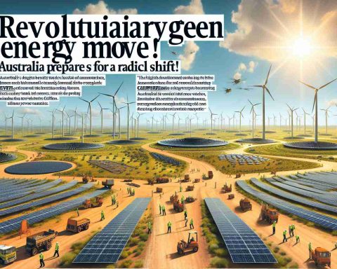 A high-definition, realistic image representing Australia's radical shift towards green energy. Depict vast landscapes of sunny plains dotted with sleek, futuristic wind turbines and solar panels gleaming under the bright sunlight. Include scenes of construction workers of various descents, such as Middle Eastern and Caucasian, working diligently on the ground, installing new infrastructure. A headline in bold, eye-catching text spread across the lower part of the image states 'Revolutionary Green Energy Move! Australia Prepares for a Radical Shift.'