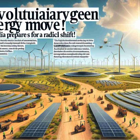 A high-definition, realistic image representing Australia's radical shift towards green energy. Depict vast landscapes of sunny plains dotted with sleek, futuristic wind turbines and solar panels gleaming under the bright sunlight. Include scenes of construction workers of various descents, such as Middle Eastern and Caucasian, working diligently on the ground, installing new infrastructure. A headline in bold, eye-catching text spread across the lower part of the image states 'Revolutionary Green Energy Move! Australia Prepares for a Radical Shift.'