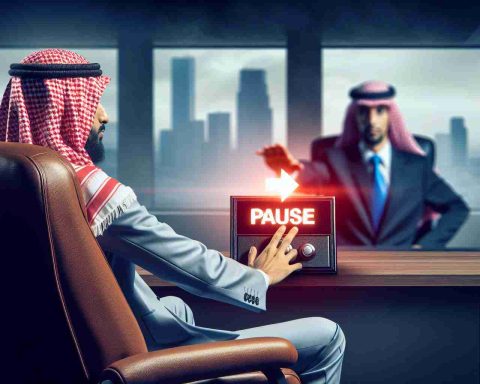 Realistic high-definition image of a Middle-Eastern businessman sitting in a hot seat, with a scene of a key business partner hitting the pause button in the background. The atmosphere is intense, symbolic of critical decision-making moments.