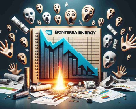 A highly detailed and realistic image showcasing the concept of 'Shocking Financial Slip' with the context related to energy stocks. The focal point of the image could be a graph or chart depicting a sudden drop or downfall in the symbol representing Bonterra Energy. Around the chart, include elements evoking surprise and shock such as open mouth faces, wide eyes, and scattered papers and documents.