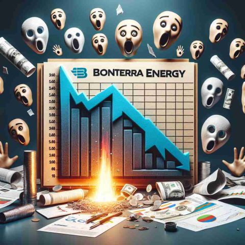 A highly detailed and realistic image showcasing the concept of 'Shocking Financial Slip' with the context related to energy stocks. The focal point of the image could be a graph or chart depicting a sudden drop or downfall in the symbol representing Bonterra Energy. Around the chart, include elements evoking surprise and shock such as open mouth faces, wide eyes, and scattered papers and documents.