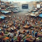 A high-definition, realistic illustration of a chaotic marketplace bustling with activity. Traders and customers of diverse backgrounds and genders are interacting, exchanging goods, and negotiating prices. The environment is wild with an array of colorful stalls, fruits, vegetables, spices, and artifacts being sold. The open-air market is filled with lively chatter and noise, adding to its frenzy. Amid all this, an indiscrete billboard displaying a question in bold letters stands tall: 'Is this the beginning or just noise?' This question paints an undertone of uncertainty, challenging the viewer to interpret the market's tempo.