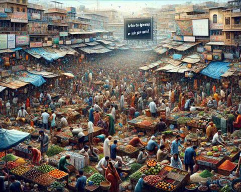 A high-definition, realistic illustration of a chaotic marketplace bustling with activity. Traders and customers of diverse backgrounds and genders are interacting, exchanging goods, and negotiating prices. The environment is wild with an array of colorful stalls, fruits, vegetables, spices, and artifacts being sold. The open-air market is filled with lively chatter and noise, adding to its frenzy. Amid all this, an indiscrete billboard displaying a question in bold letters stands tall: 'Is this the beginning or just noise?' This question paints an undertone of uncertainty, challenging the viewer to interpret the market's tempo.