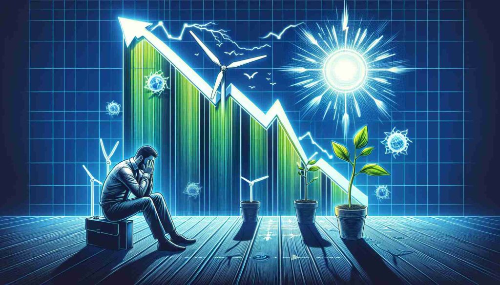 Generate a high-definition, realistic image that portrays the concept of a renewable energy stock opening low, denoted by a graph with a sudden dip. Display the stark contrast between potential fear and opportunity. Illustrate elements such as a worried investor reflecting on the situation, and bright, aspiring symbols like a rising sun or a plant sprouting signifying the opportunities in the renewable energy sector.