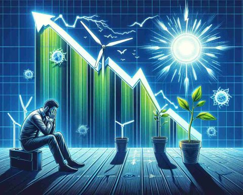 Generate a high-definition, realistic image that portrays the concept of a renewable energy stock opening low, denoted by a graph with a sudden dip. Display the stark contrast between potential fear and opportunity. Illustrate elements such as a worried investor reflecting on the situation, and bright, aspiring symbols like a rising sun or a plant sprouting signifying the opportunities in the renewable energy sector.