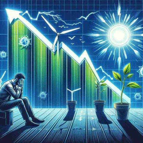 Generate a high-definition, realistic image that portrays the concept of a renewable energy stock opening low, denoted by a graph with a sudden dip. Display the stark contrast between potential fear and opportunity. Illustrate elements such as a worried investor reflecting on the situation, and bright, aspiring symbols like a rising sun or a plant sprouting signifying the opportunities in the renewable energy sector.