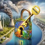 Realistic high-definition image symbolizing the concept of investment in renewable energy being the key to a sustainable future. This could be illustrated with a golden key labeled 'Investment' being inserted into a colorful, intricate lock shaped like a wind turbine, solar panel, and hydroelectric dam combined. The background should illustrate a contrast between a polluted, industrial landscape on one side, and a clean, green, natural environment on the other, indicating the transformative power of the key.