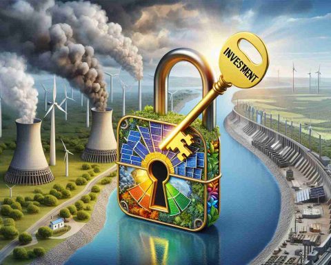 Realistic high-definition image symbolizing the concept of investment in renewable energy being the key to a sustainable future. This could be illustrated with a golden key labeled 'Investment' being inserted into a colorful, intricate lock shaped like a wind turbine, solar panel, and hydroelectric dam combined. The background should illustrate a contrast between a polluted, industrial landscape on one side, and a clean, green, natural environment on the other, indicating the transformative power of the key.