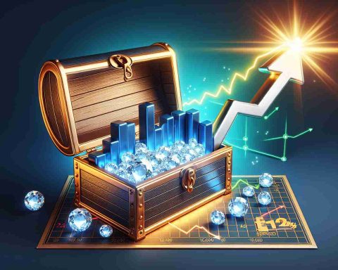 Realistic HD image of a concept which shows Energy Stocks Set to soar. The image could have a chart with an arrow pointing upwards to indicate the growth. There should also be a treasure chest, open to expose gleaming gems, which represent the hidden gems fueling investor excitement. The overall theme needs to be positive and celebratory.