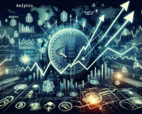 Generate an image representation of a market surprise related to a cryptocurrency exchange, showcasing dramatic arrows and charts signifying growth and possible insider activity. Incorporate details like analytics data, stock market graphs and financial symbols, conferring an atmosphere of intrigue and speculation.