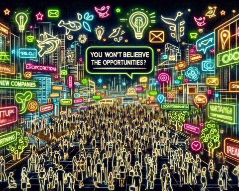 Generate an image with vivid detail and high definition, representing the concept of 'Why Are Startups Flocking Here?'. Picture a bustling cityscape overwhelmed with neon signs of various new companies. Depict people of various descents and genders networking, sharing ideas, and working on innovative projects. Integrate symbols of opportunities: an open door, growing trees, and many pathways. Finally, make sure to include a speech bubble with the text 'You Won't Believe The Opportunities!' hovering over the scene.