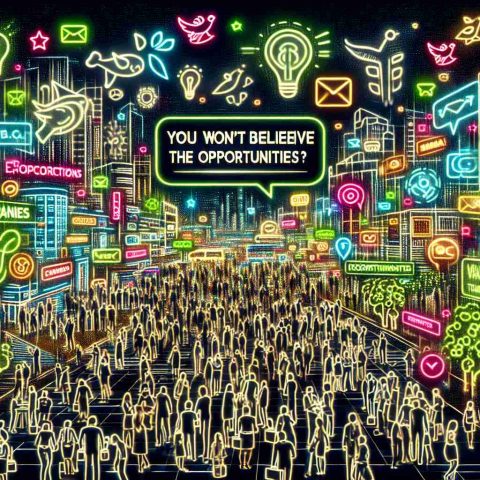 Generate an image with vivid detail and high definition, representing the concept of 'Why Are Startups Flocking Here?'. Picture a bustling cityscape overwhelmed with neon signs of various new companies. Depict people of various descents and genders networking, sharing ideas, and working on innovative projects. Integrate symbols of opportunities: an open door, growing trees, and many pathways. Finally, make sure to include a speech bubble with the text 'You Won't Believe The Opportunities!' hovering over the scene.