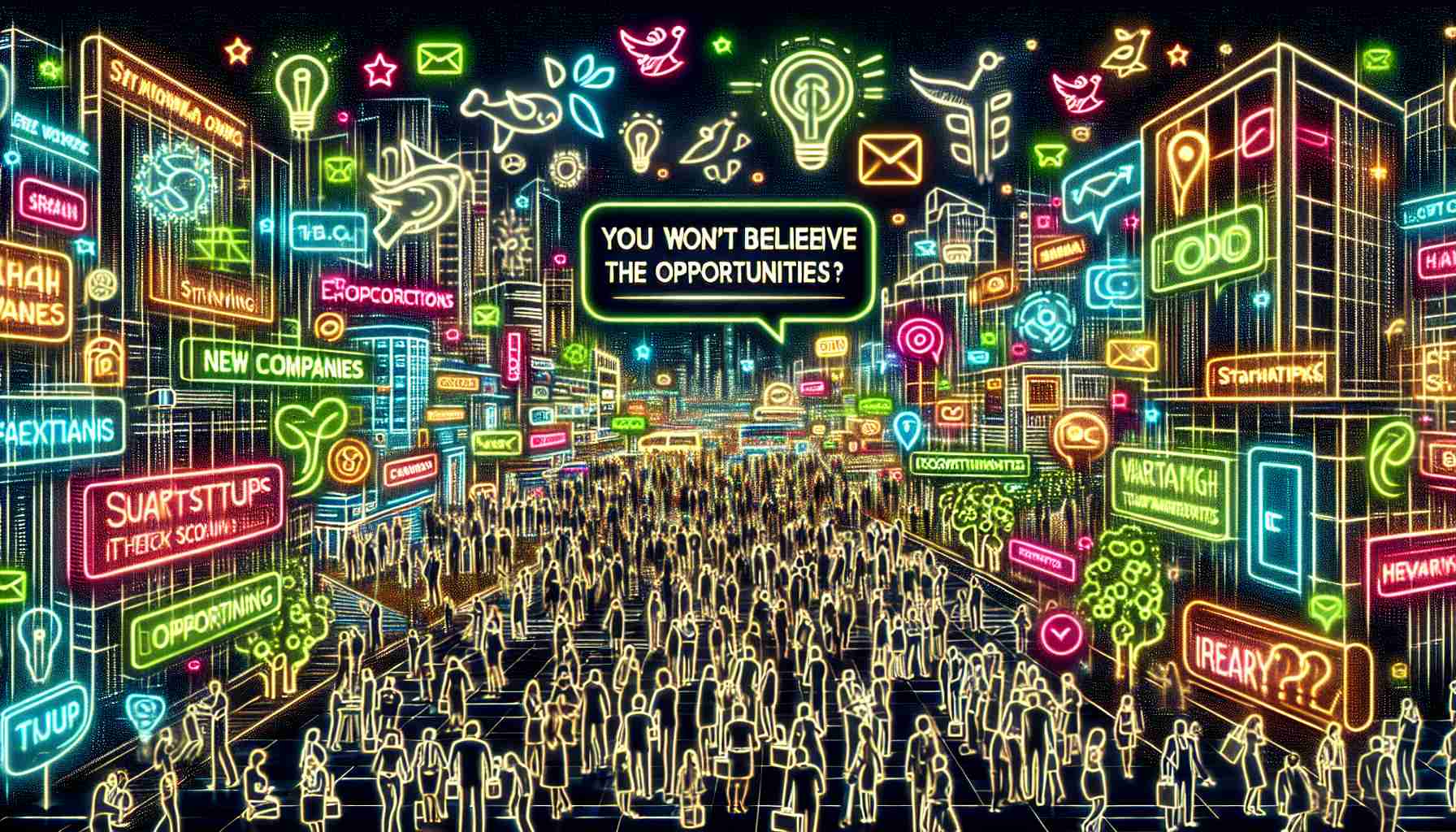 Generate an image with vivid detail and high definition, representing the concept of 'Why Are Startups Flocking Here?'. Picture a bustling cityscape overwhelmed with neon signs of various new companies. Depict people of various descents and genders networking, sharing ideas, and working on innovative projects. Integrate symbols of opportunities: an open door, growing trees, and many pathways. Finally, make sure to include a speech bubble with the text 'You Won't Believe The Opportunities!' hovering over the scene.