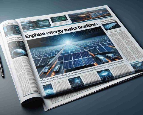 A realistic high-definition image depicting a newspaper headline that reads 'Enphase Energy Makes Headlines'. Below the headline, there's an article titled 'What's Changing in Solar Technology?' accompanied by detailed images of solar panels and futuristic solar technology advancements.