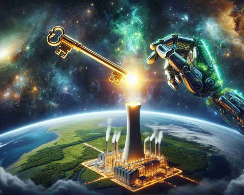 Create a hyperrealistic HD illustration symbolizing the concept of 'Breakthrough Energy Ventures Holding the Key to Our Sustainable Future'. Visualize Breakthrough Energy Ventures as a futuristic, radiant power plant located on a lush, green, planet Earth. An oversized, glowing, golden key is held by a robotic hand reaching towards the power plant from the vast cosmos. This radiant key is engraved with the words 'Sustainable Future'. The cosmos is filled with starry galaxies and distant celestial bodies, emphasizing the concept of breakthrough and innovation.