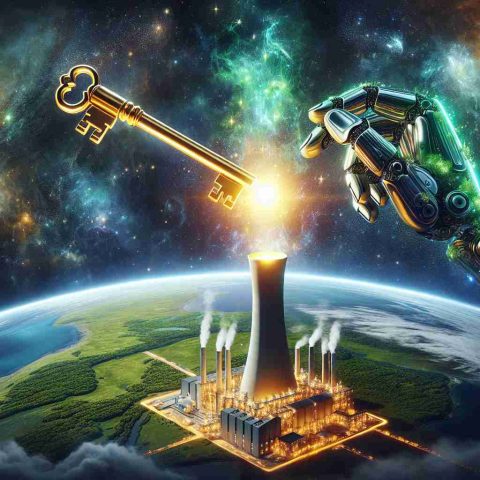 Create a hyperrealistic HD illustration symbolizing the concept of 'Breakthrough Energy Ventures Holding the Key to Our Sustainable Future'. Visualize Breakthrough Energy Ventures as a futuristic, radiant power plant located on a lush, green, planet Earth. An oversized, glowing, golden key is held by a robotic hand reaching towards the power plant from the vast cosmos. This radiant key is engraved with the words 'Sustainable Future'. The cosmos is filled with starry galaxies and distant celestial bodies, emphasizing the concept of breakthrough and innovation.