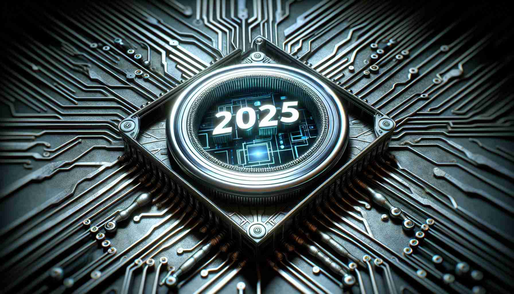 A high-definition, realistic visualization of the future, showing the year 2025. A symbol representing advanced technology, perhaps a futuristic circuit board or a high-speed processor, is in the center. The emphasis is on the possible readiness of a major technology and graphics hardware company for the future. An element of surprise is introduced, possibly with an unexpected result, innovation, or technology on display.