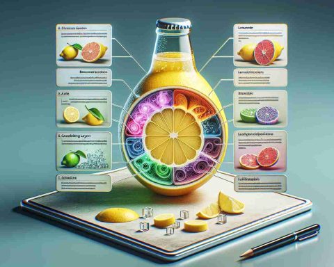 A realistic high definition image showing the metaphorical unveiling of the 'hidden layers' of a product named 'Lemonade', symbolizing the revealing of the secrets behind its success. This could be represented by a beautifully illustrated cutaway view of a lemonade bottle, with inner layers indicating the different aspects of artificial intelligence that contribute to the success. Next to the lemon might be a list of these contributing factors, presented in visually appealing text.